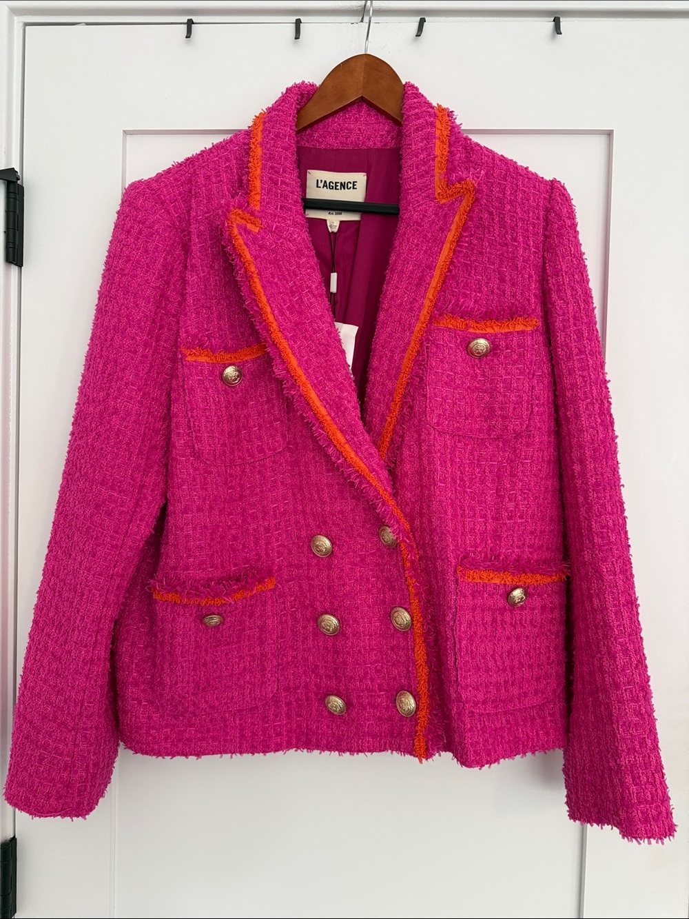 L'AGENCE Hot Pink Bouclé Double-Breasted Blazer with Orange Trim